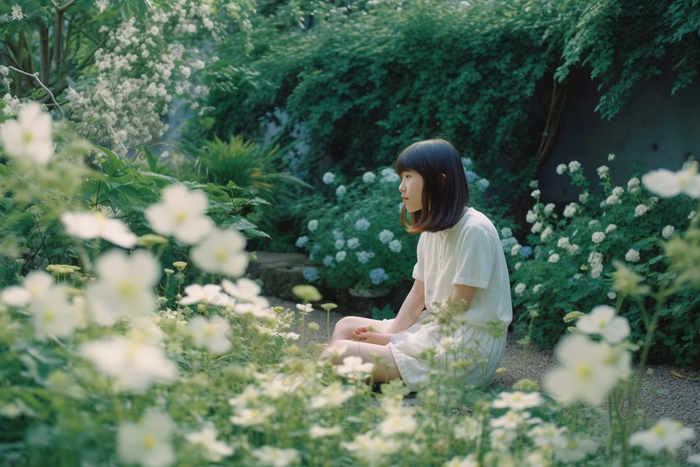 花丛中的少女唯美横图花朵夏天