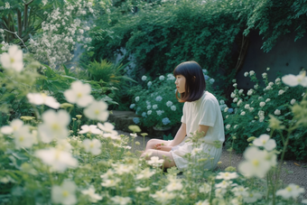 花丛中的少女唯美横图花朵夏天