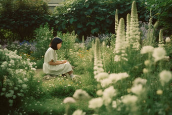 花丛中的少女唯美横图鲜花植物