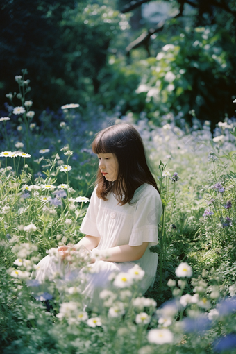 花丛中的少女唯美鲜花花朵