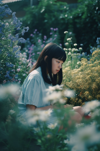 花丛中的少女唯美<strong>花朵</strong>朴素