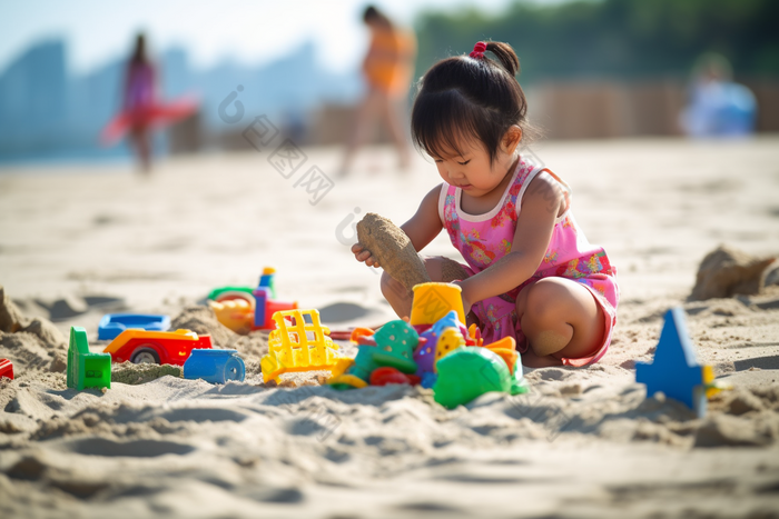 小女孩在沙滩上玩沙子乖巧开心