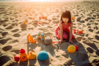 小女孩在沙滩上玩沙子<strong>乖巧</strong>小孩