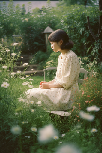 花丛中的少女唯美<strong>花朵</strong>植物