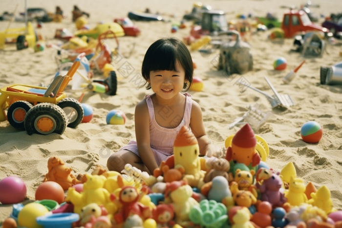 小女孩在沙滩上玩沙子可爱户外