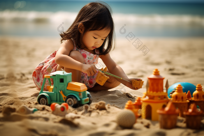 小女孩在沙滩上玩沙子耍户外