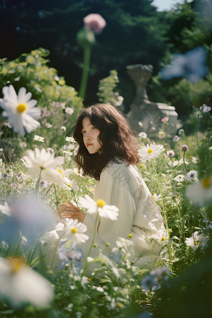 花丛中的少女唯美花朵女生