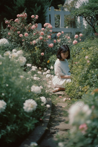 花丛中的少女唯美女孩花园