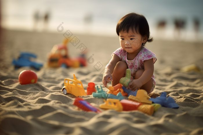 小女孩在沙滩上玩沙子耍可爱
