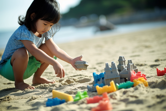小女孩在沙滩上玩沙子户外儿童