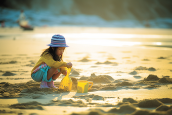小女孩在沙滩上玩沙子具小孩