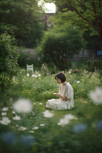 花丛中的少女唯美朴素夏天