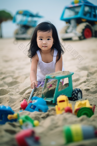 小女孩在沙滩上玩沙子户外小孩