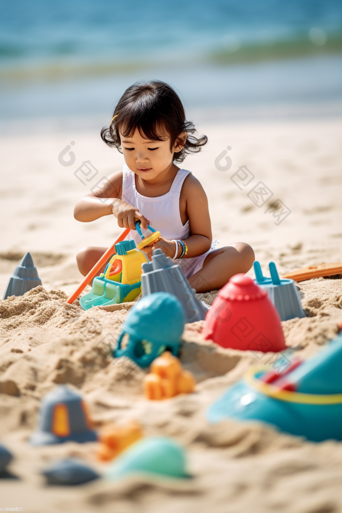 小女孩在沙滩上玩沙子海边小孩