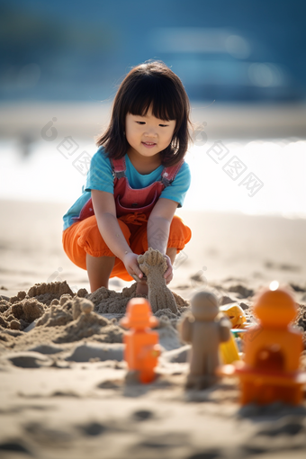小女孩在沙滩上玩沙子孩子户外