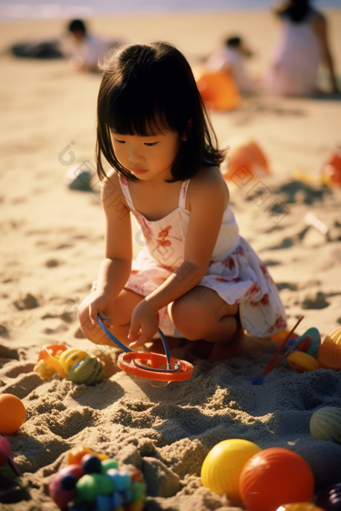 小女孩在沙滩上玩沙子具开心