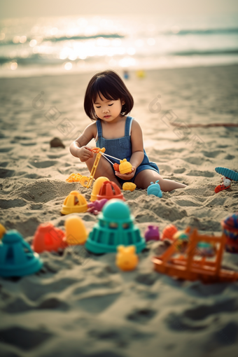 小<strong>女孩在</strong>沙滩上玩沙子户外开心