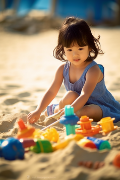 小女孩在沙滩上玩沙子摄影图18