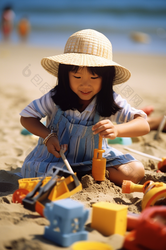 小女孩在沙滩上玩沙子海边孩子