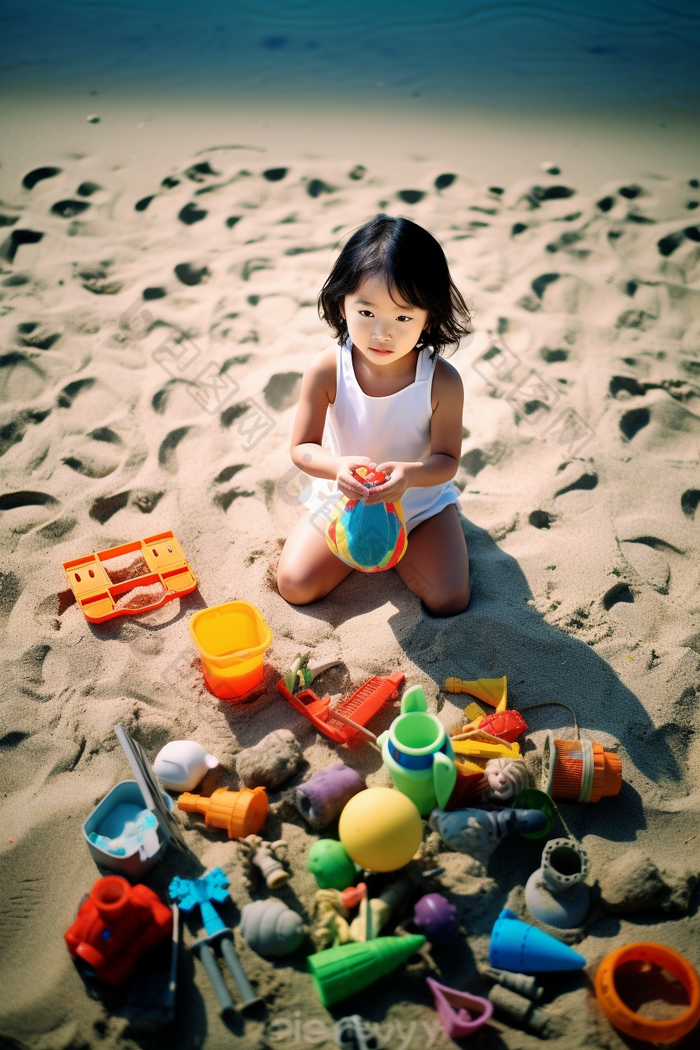 小女孩在沙滩上玩沙子可爱儿童