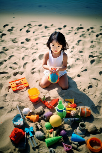 小<strong>女孩在</strong>沙滩上玩沙子可爱儿童