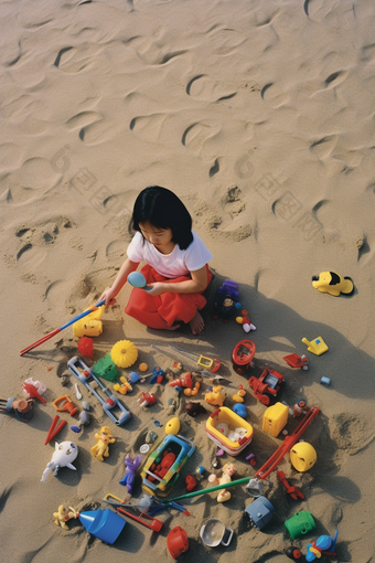 小<strong>女孩在</strong>沙滩上玩沙子孩子开心