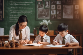 老师辅导学生黑板教室