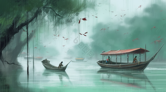国风山水小船水墨画河插画