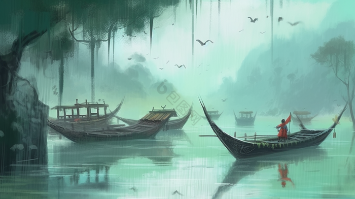 国风山水小船中国河插画