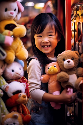 拿着玩具的可爱小女孩娃娃开心