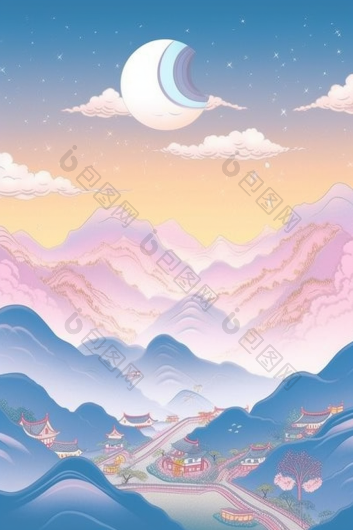 新山水插画国风高清图片下载-包图网