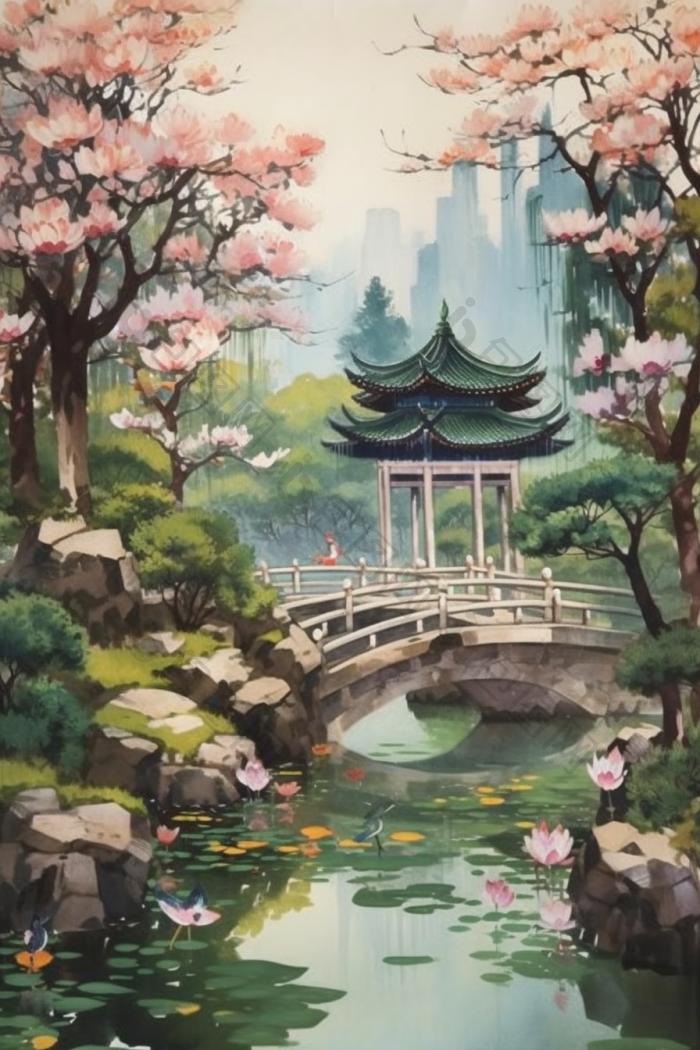 中国古代花园插画国风树叶鲜花高清图片下载-包图网