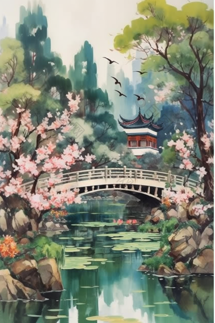 中国古代花园插画国风高清图片下载-包图网
