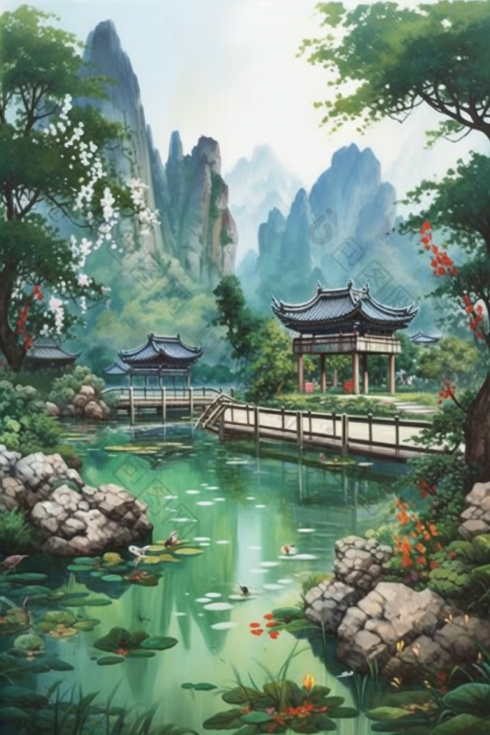 中国古代花园插画国风高清图片下载-包图网