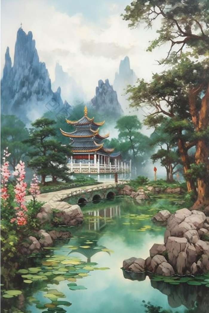 中国古代花园插画国风高清图片下载-包图网
