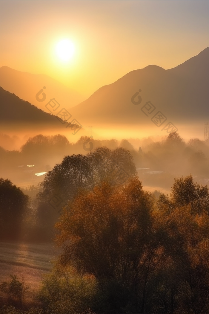 暖色调夕阳山景太阳上