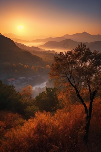 暖色调夕阳山景植物上