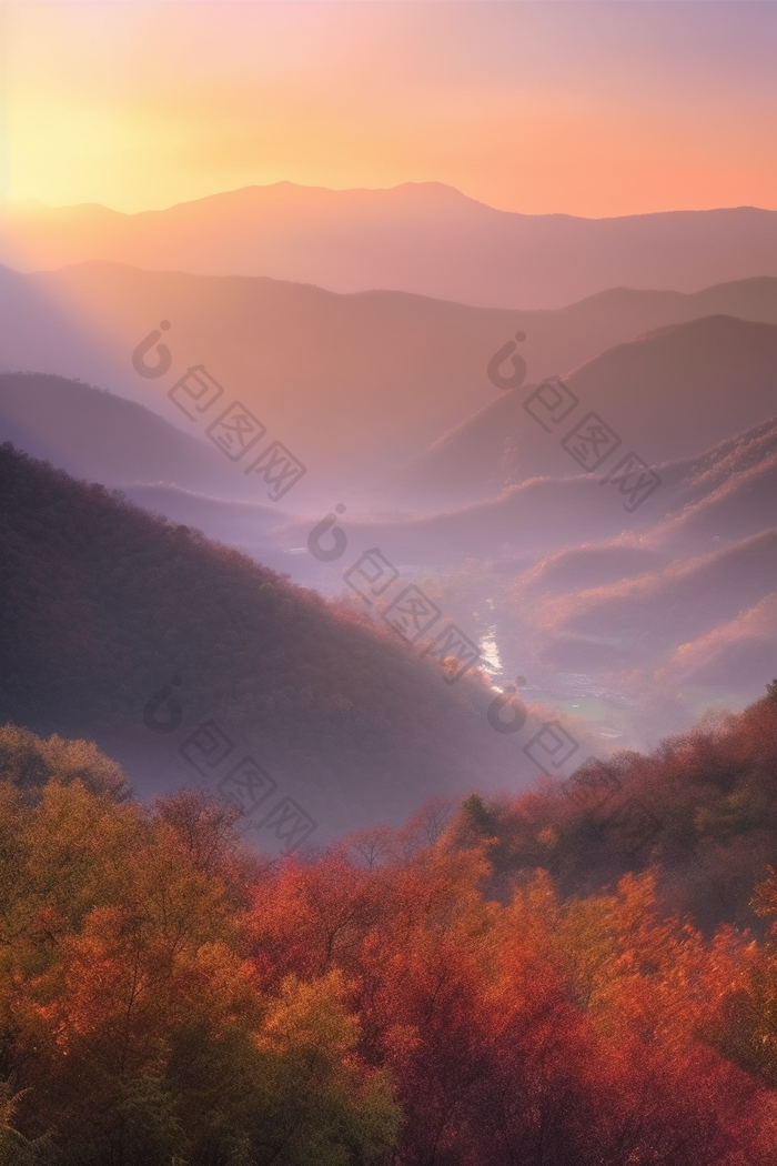 暖色调夕阳山景枫叶温暖