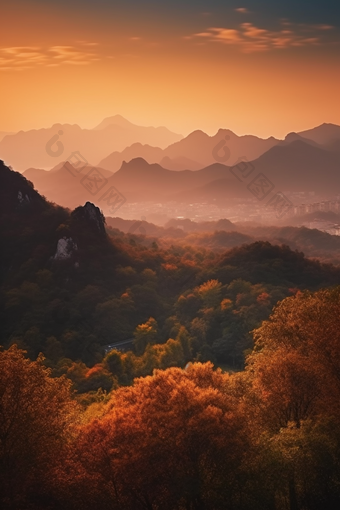 暖色调夕阳山景阳光峰