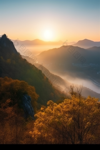 暖色调夕阳山景阳光氛围