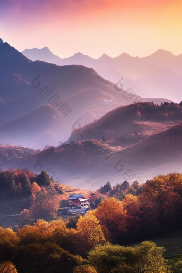 暖色调夕阳山景温暖顶