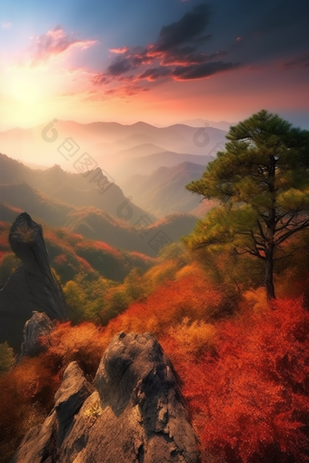 暖色调夕阳山景<strong>太阳</strong>顶