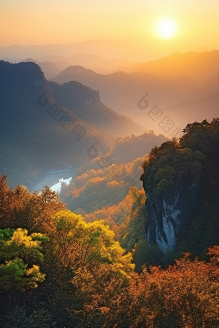 暖色调夕阳山景鲜花上