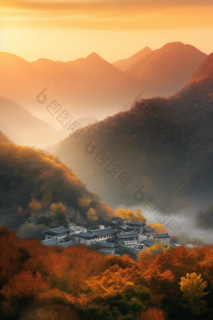 暖色调夕阳山景鲜花枫叶