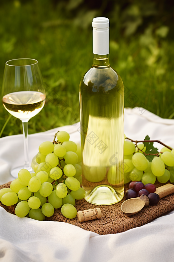 户外草坪上的白葡萄酒酒类阳光