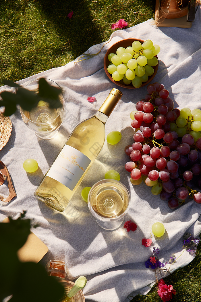 户外草坪上的白葡萄酒饮料野餐