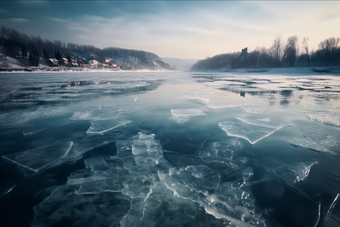 冬季结冰的湖面水<strong>冻结</strong>