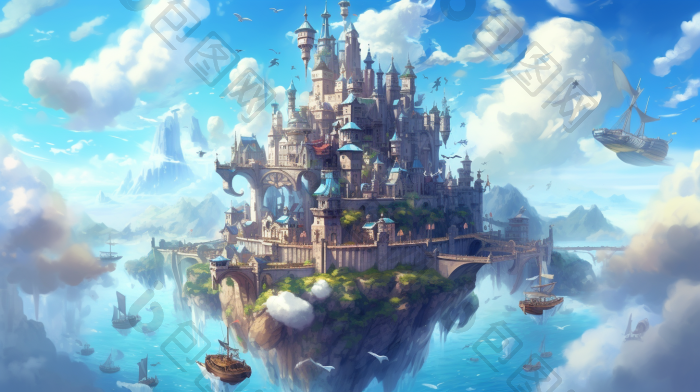 天空之城梦幻平静清晰的插画图片-包图网