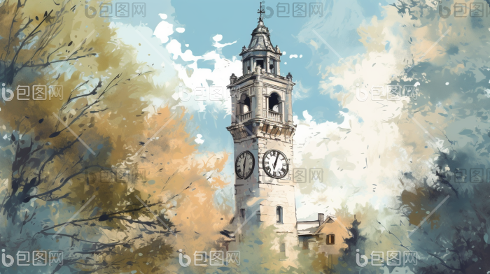 时钟钟楼树木钟塔光插画图片-包图网
