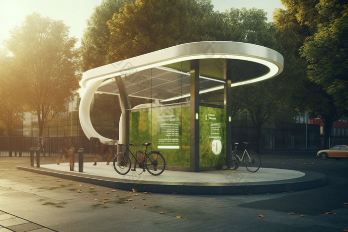 城市太阳能充电自行车站效果未来智能